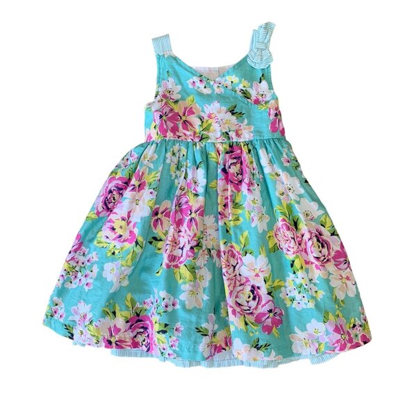 ORIGAMI Wrap Neck Dress Girls 3T 3 Teal Floral Tie Back Toddler Girl Summer - Picture 1 of 8